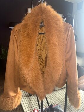 Suede-Look Teddy Jacket with Plush Fur Trim in Cognac